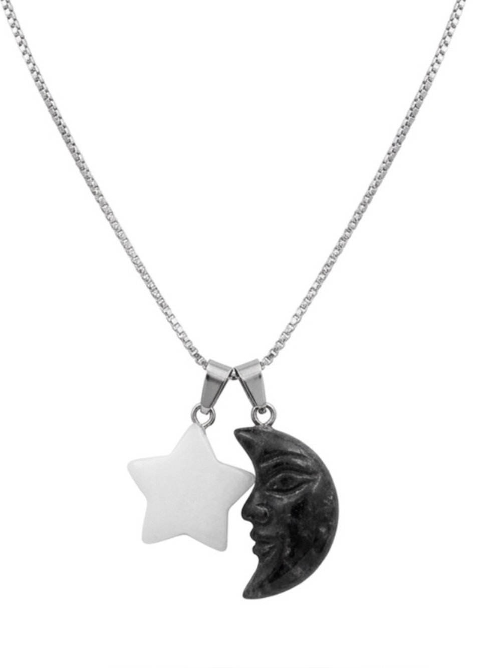 Boho hippie Larvikite Moon and Milky Quartz Star Sterling Silver 16” Necklace